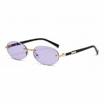 Sunglasses with purple lenses and black and gold frames on a white background