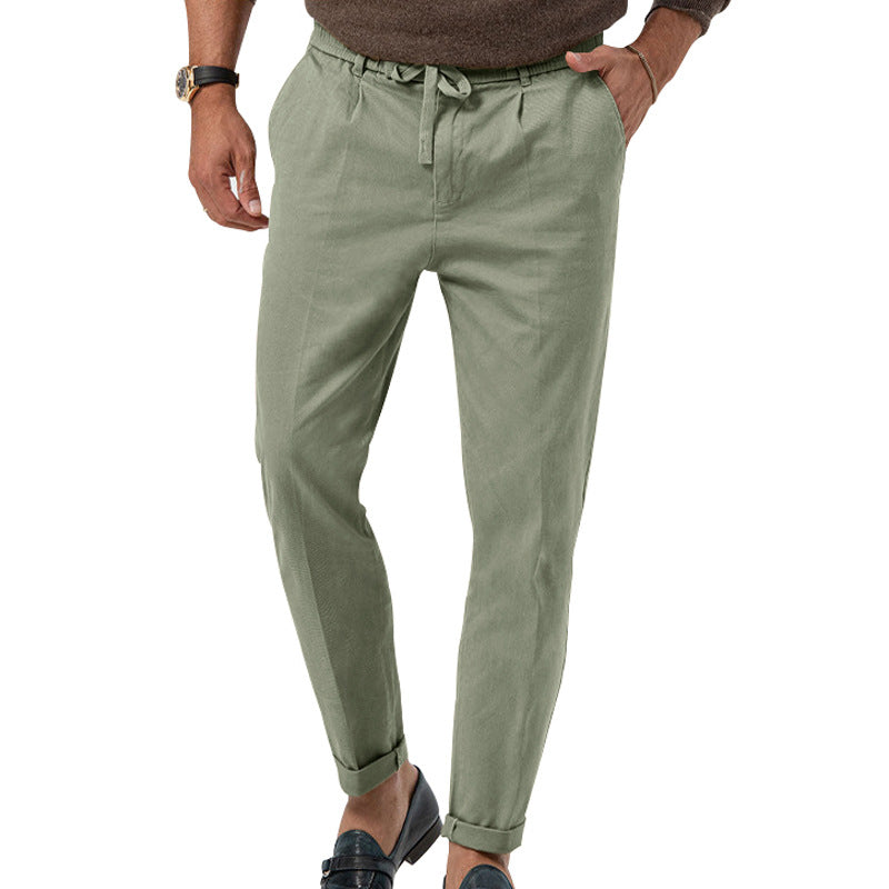 Men wearing casual drawstring high waist straight leg suit pants in solid colors for office and smart-casual occasions