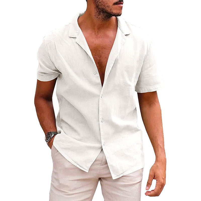 Man wearing men’s casual linen cotton short sleeve button-down summer beach shirt in solid color