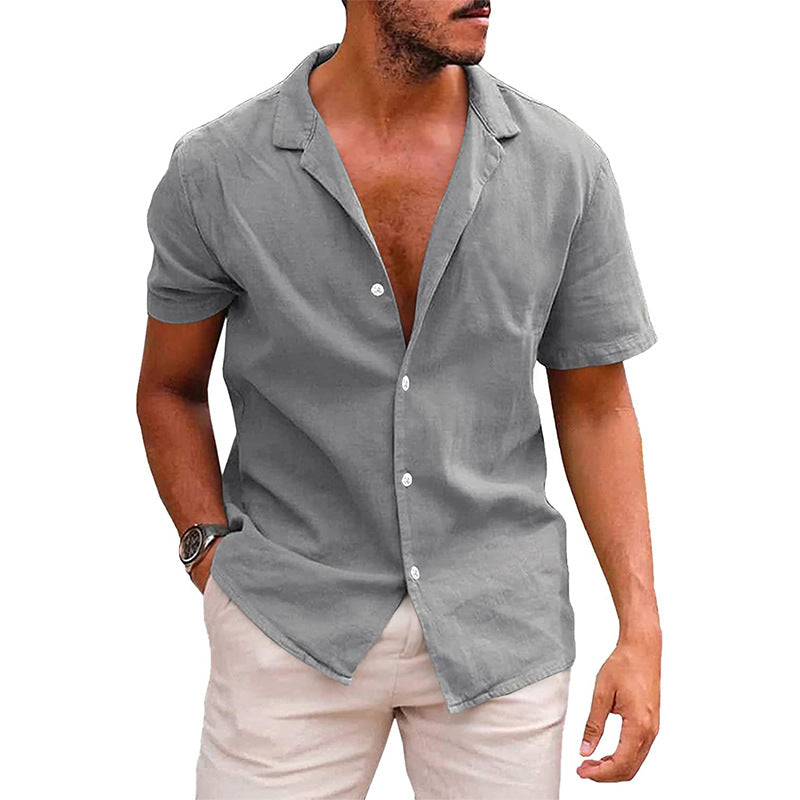 Men’s short sleeve linen cotton button down shirt in solid colors designed for summer beach and casual wear with breathable lightweight fabric