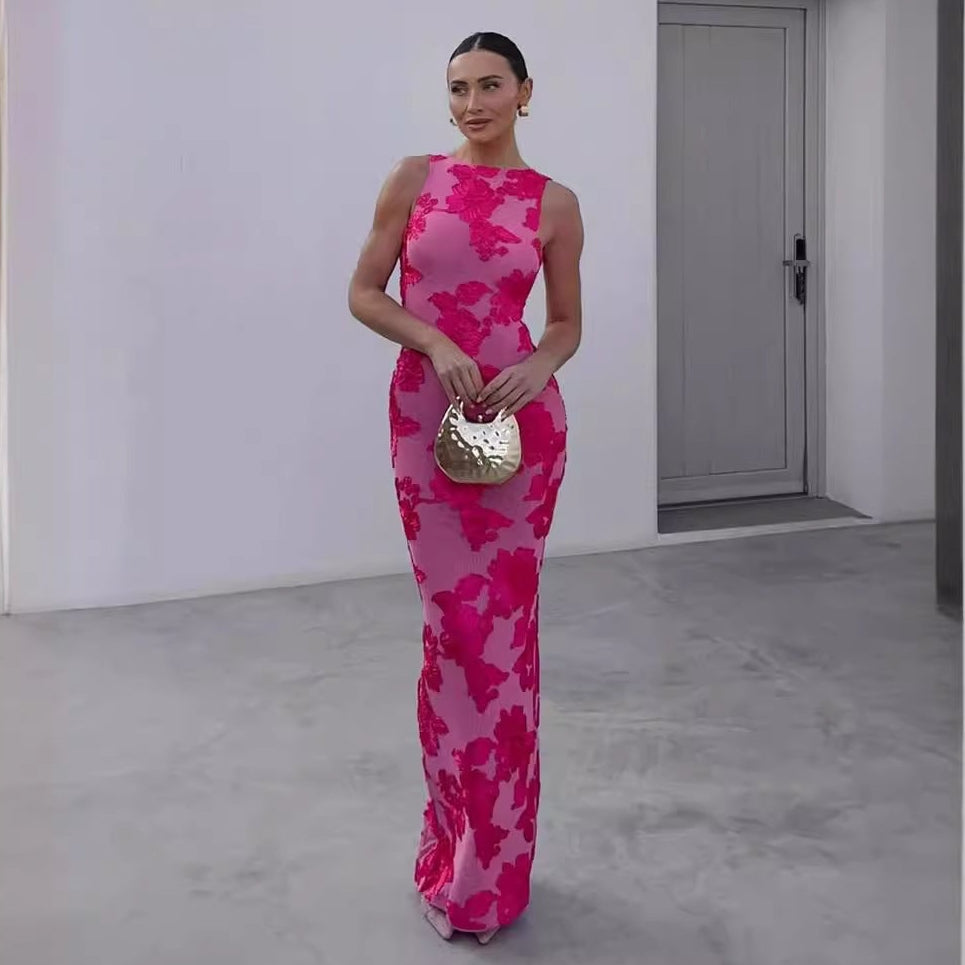 Rose red mesh 3D floral embroidered sleeveless sheath bodycon maxi dress with sexy strap design for evening and party wear