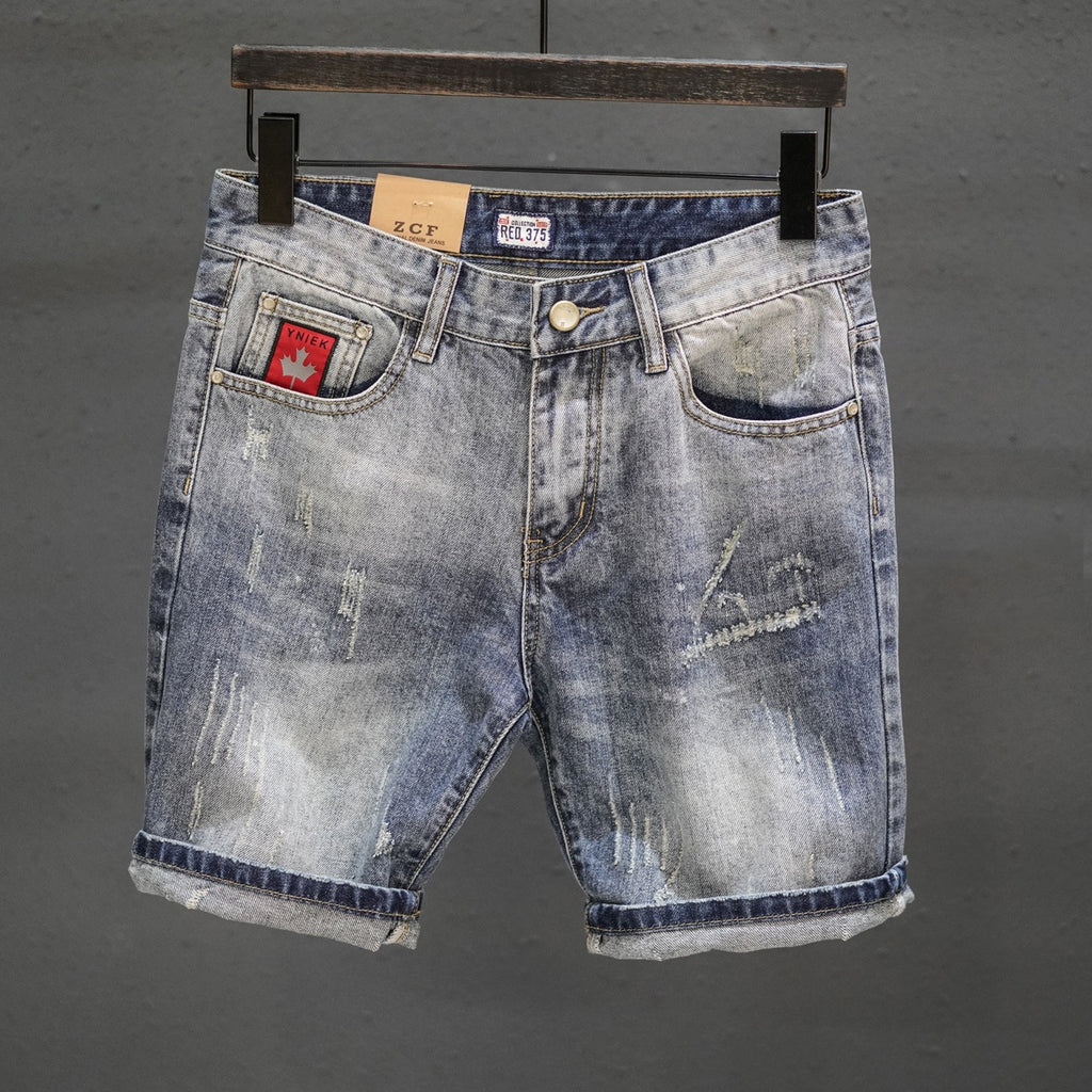 Men wearing retro ripped cropped denim pants with fuzzy hems in light blue and Funiubang style 123