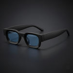 Black sunglasses with blue lenses on a white background