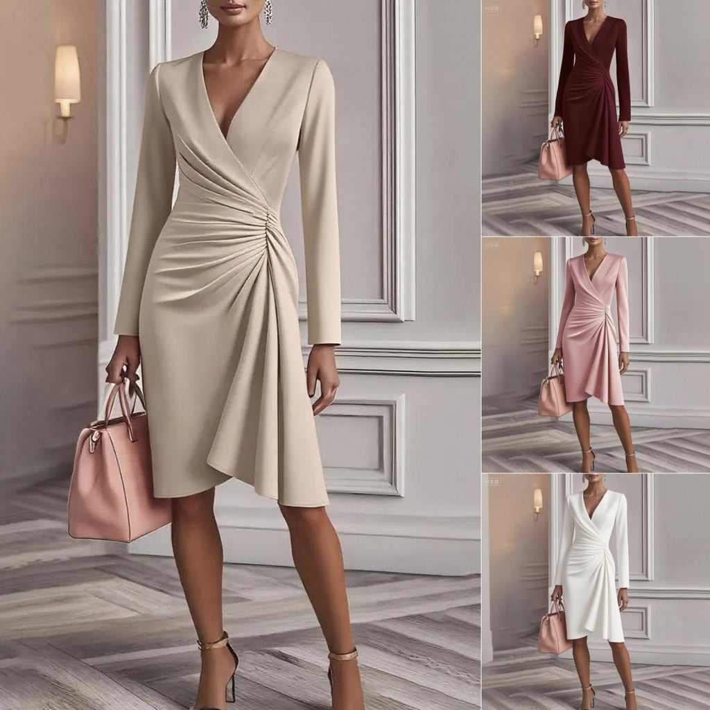 Woman wearing elegant V neck pleated slim fit long sleeve A line midi dress for office and party