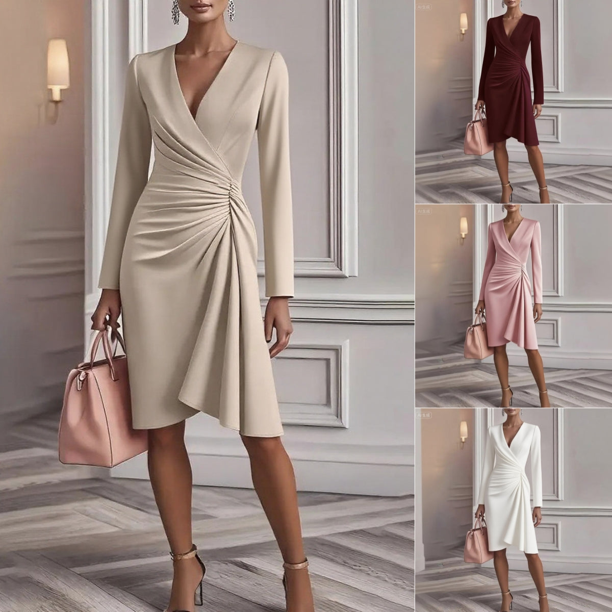Woman wearing elegant V neck pleated slim fit long sleeve A line midi dress for office and party