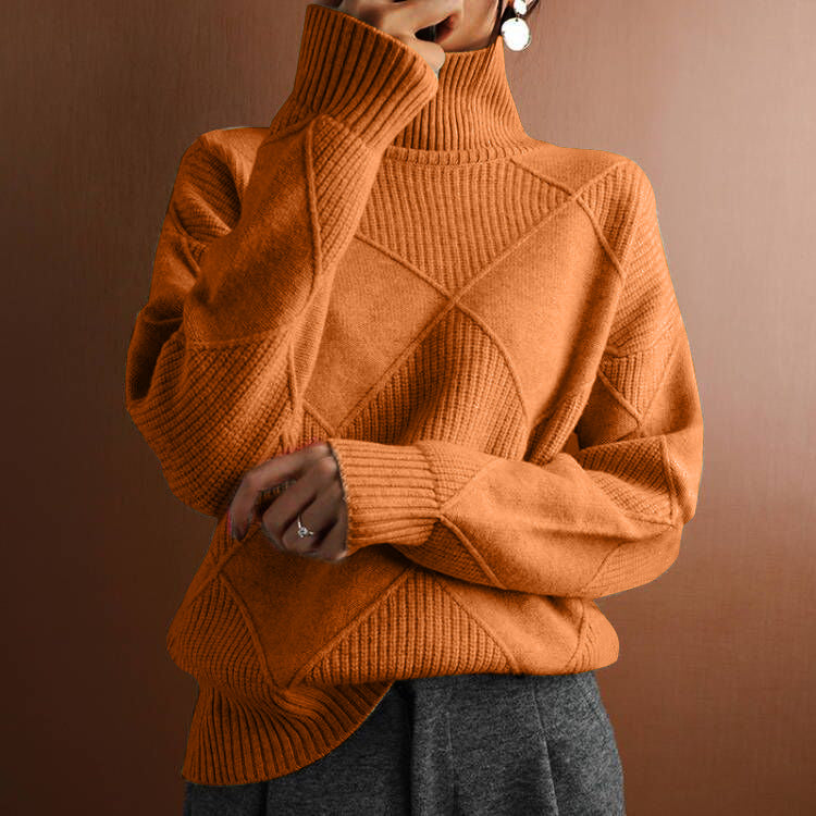 Women wearing warm high-neck knitted sweater in soft cozy fabric perfect for winter fashion