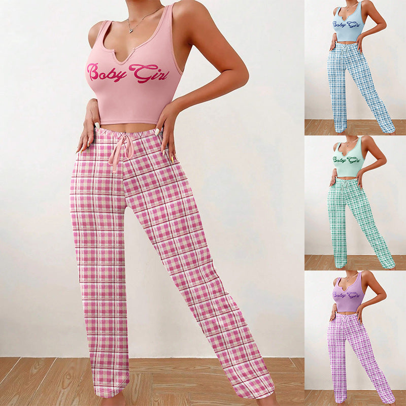 Women’s casual 2-piece pajama set with sleeveless vest top and plaid lounge pants in pink, blue, green, and purple, made from soft breathable milk silk fabric for sleepwear and leisure wear