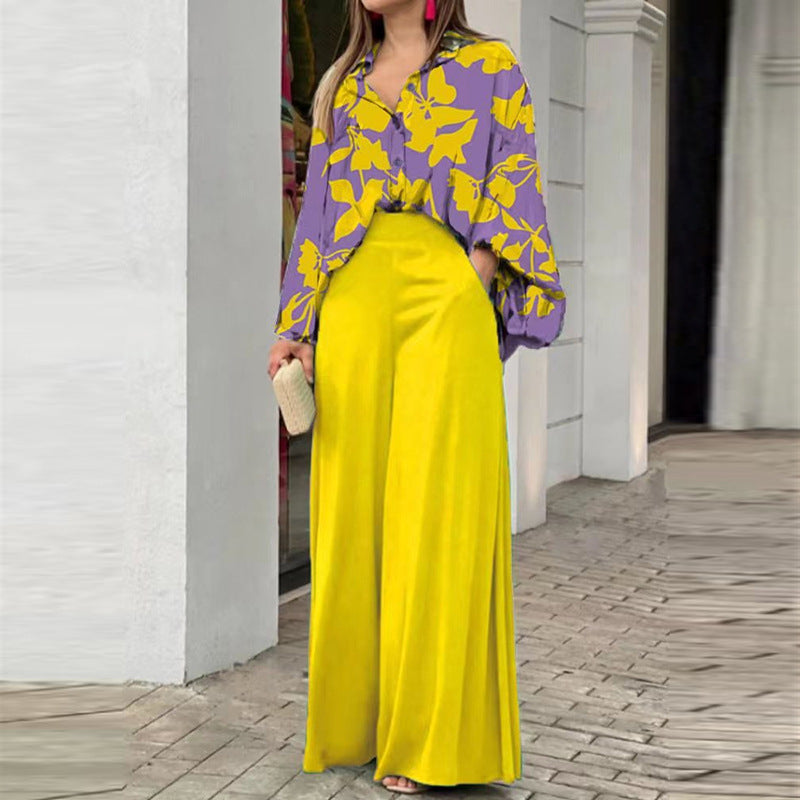 Woman wearing women’s floral print button-up long sleeve shirt and wide-leg beach pants two-piece set