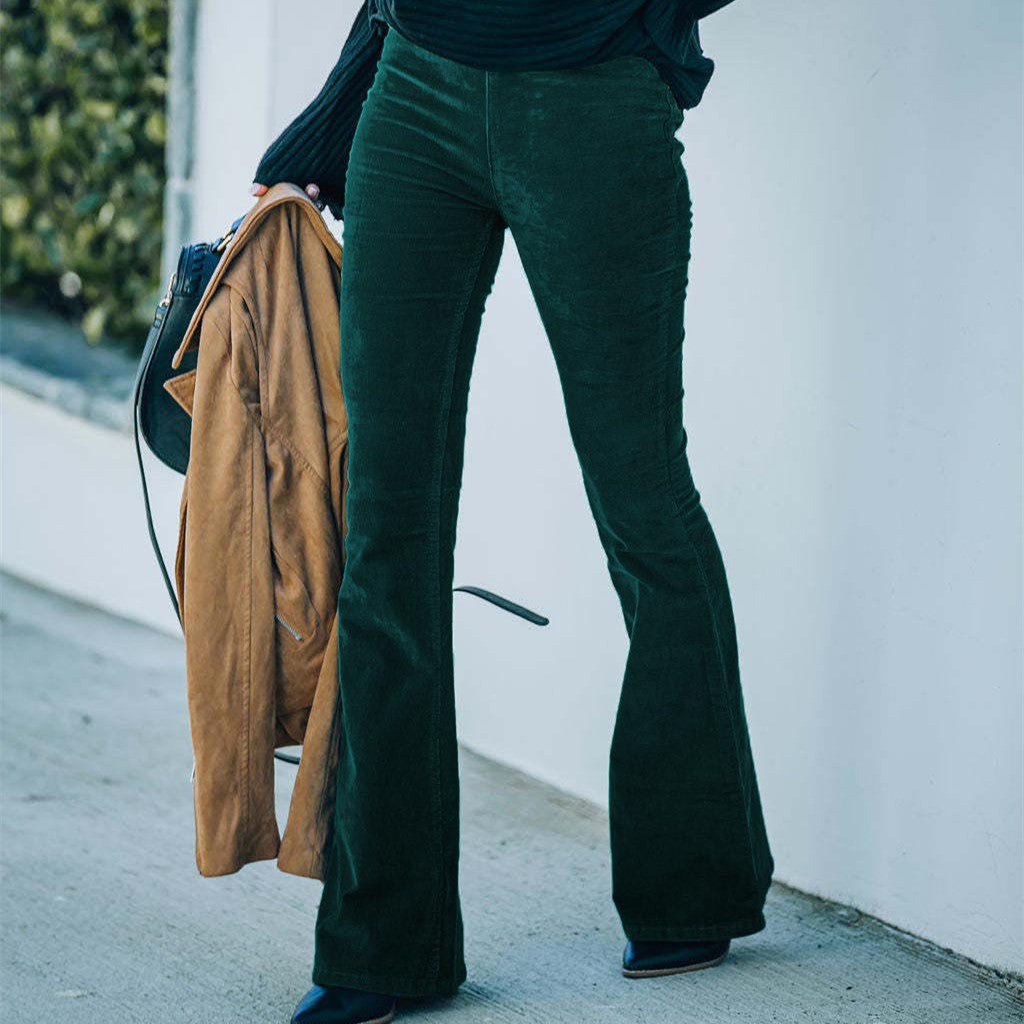 Woman wearing women’s high waist slim fit corduroy flared pants for autumn and winter