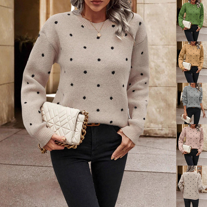 Women’s polka dot knit pullover sweater in soft breathable fabric featuring trendy dotted design for casual fall and winter wear