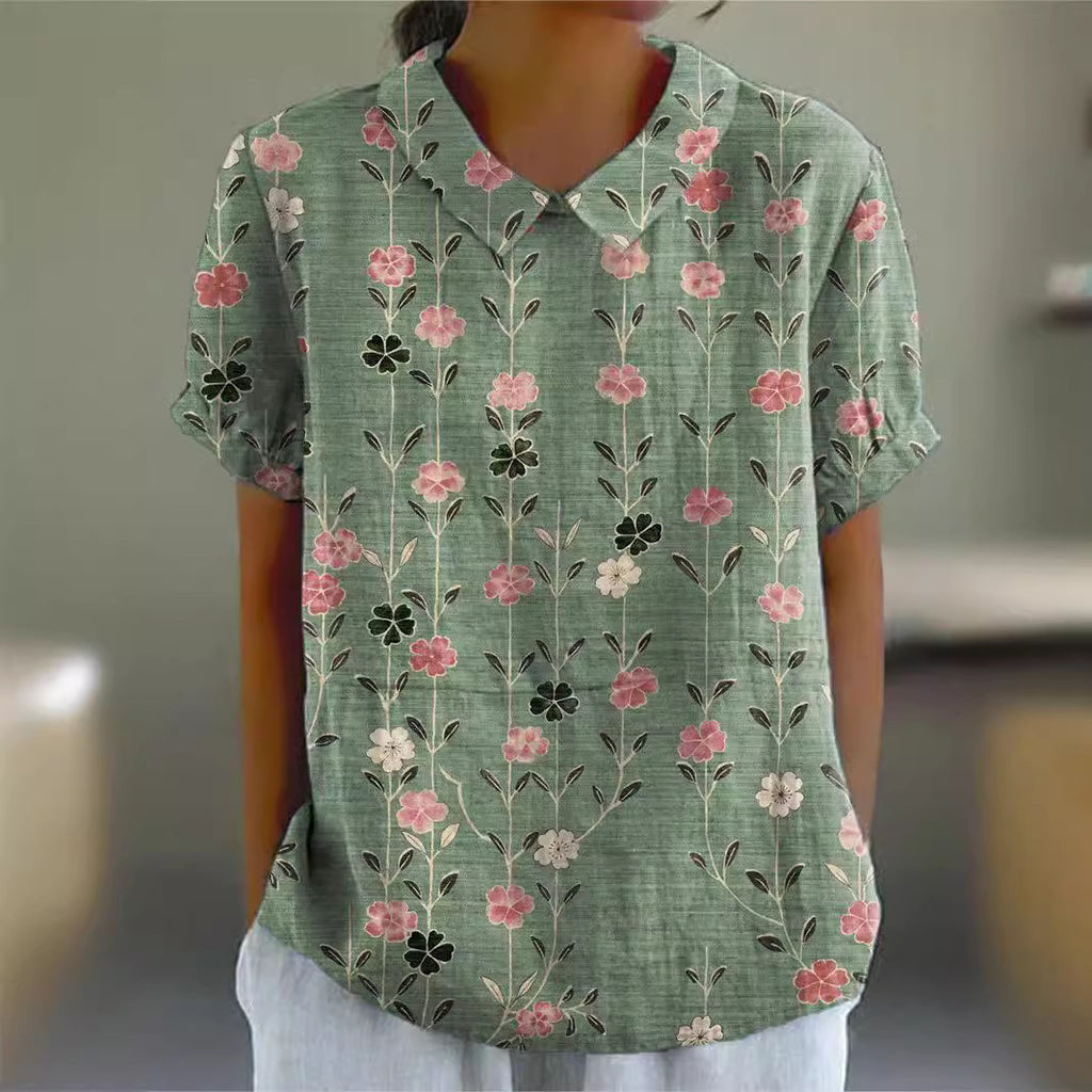 Women wearing loose retro floral short sleeve Japanese style pullover shirt in bubble crepe fabric
